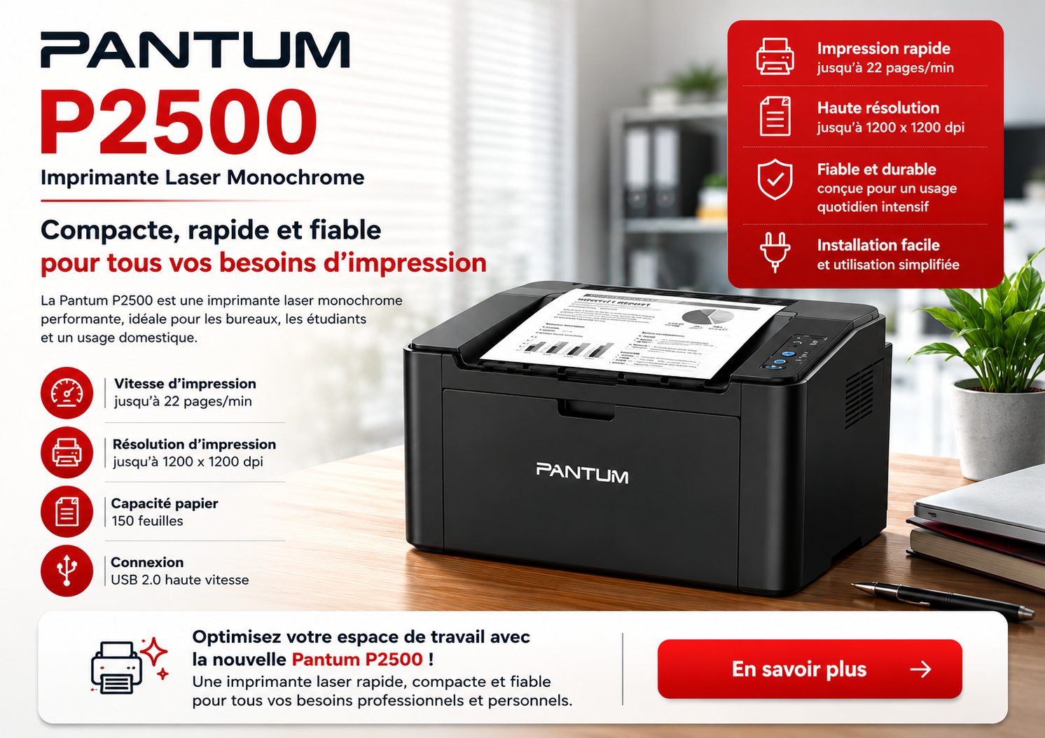 🖨️✨ Optimisez votre espace de travail avec la nouvelle Pantum P2500 ! Une imprimante laser rapide, compacte et fiable pour tous vos besoins professionnels et personnels.